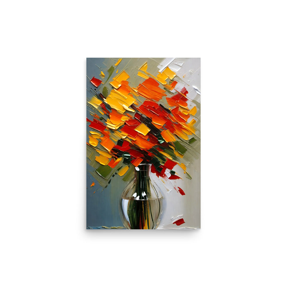 Thick textured brush strokes, of orange and yellow abstract flowers.