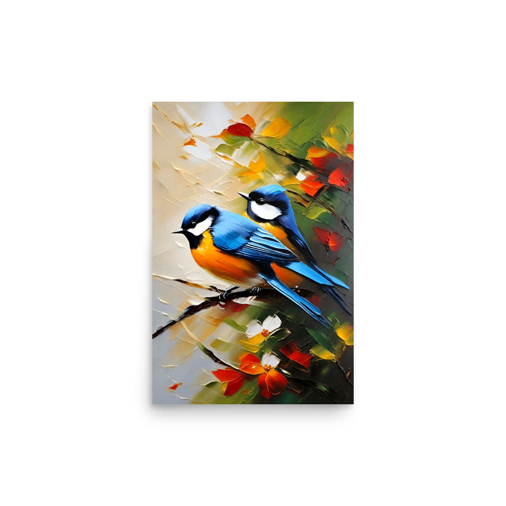 Two beautiful blue birds with vibrant orange, perched on branches with blossoming flowers.