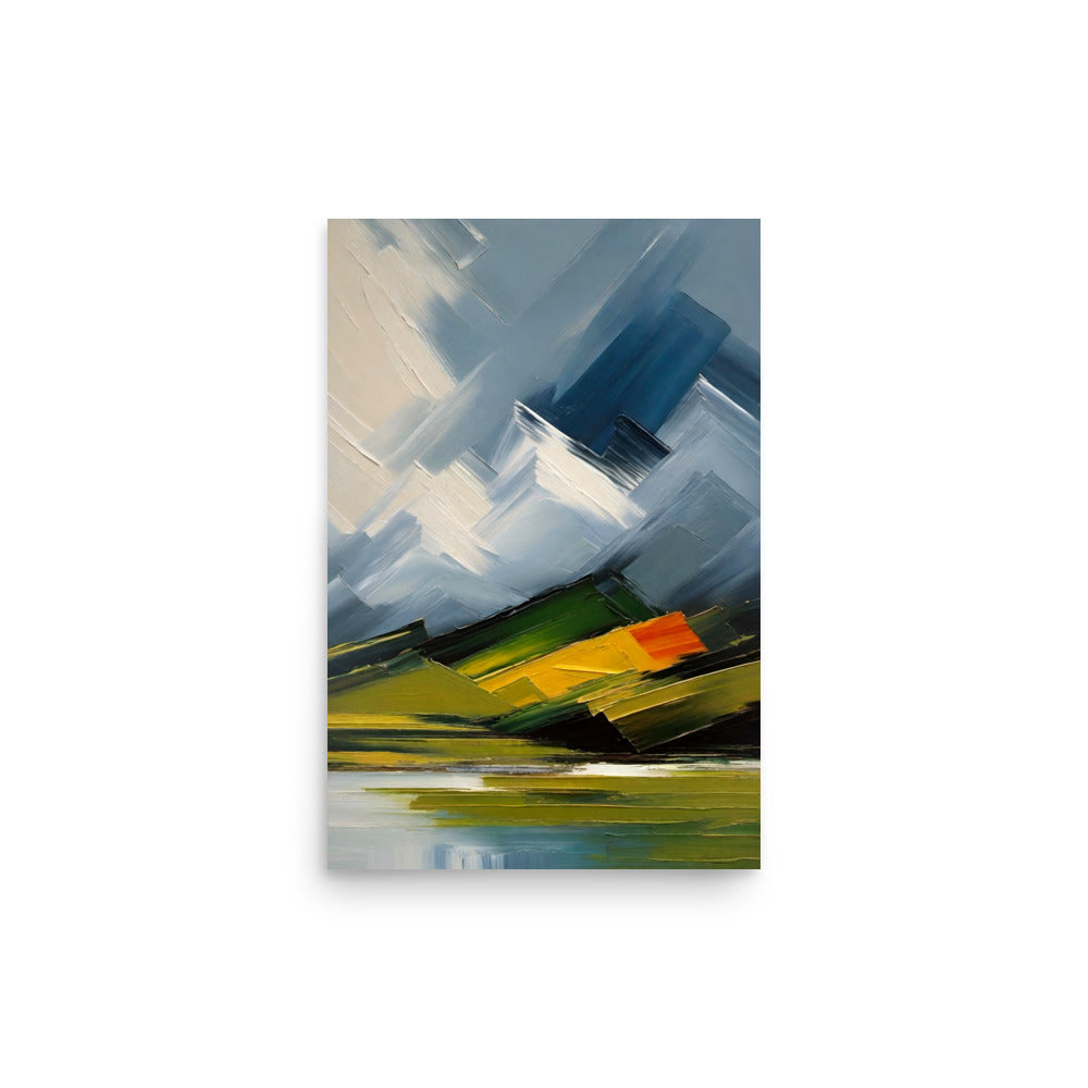An abstract landscape art with broad textured brush strokes of blue and green.