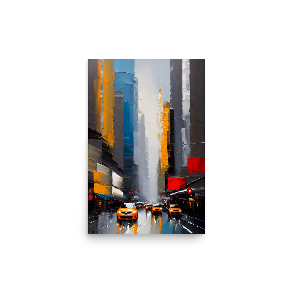 An urban cityscape painting, with yellow taxis and towering buildings.