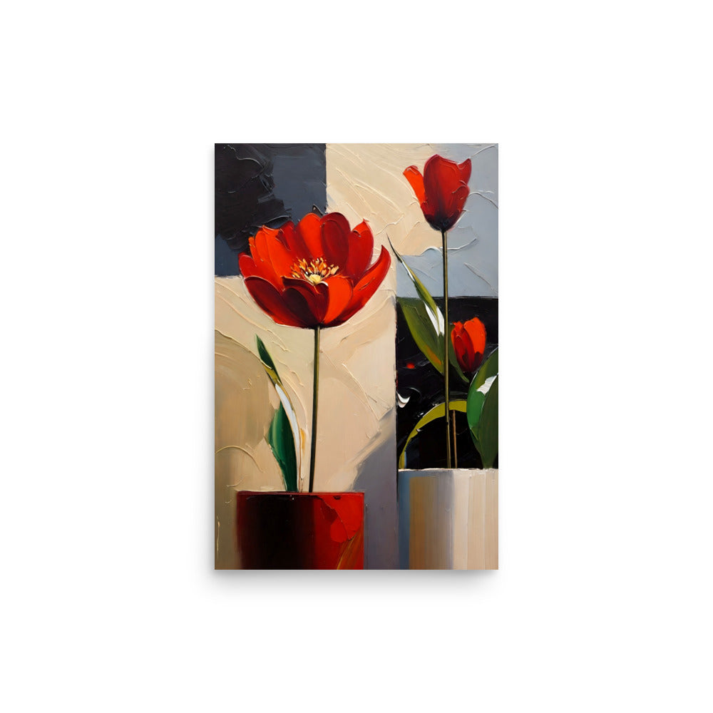 Painting of red tulips in thick brushstrokes showing the contrast and vibrancy.