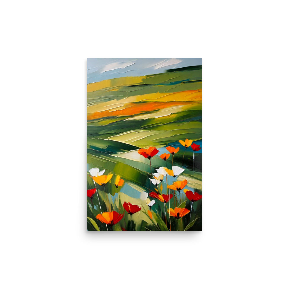 Painting of rolling hills with bright, bold strokes of color and orange poppies.