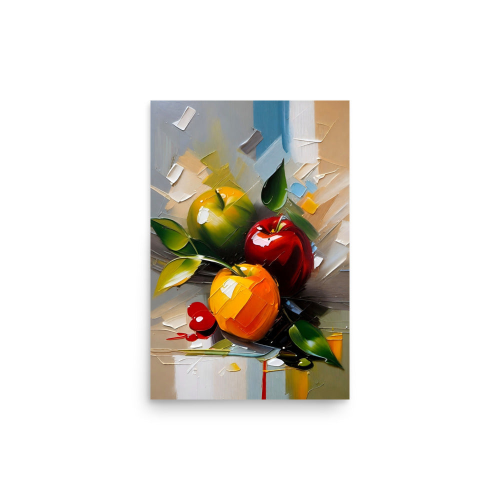Still life of fruit with exaggerated brush strokes giving it a dynamic feel.