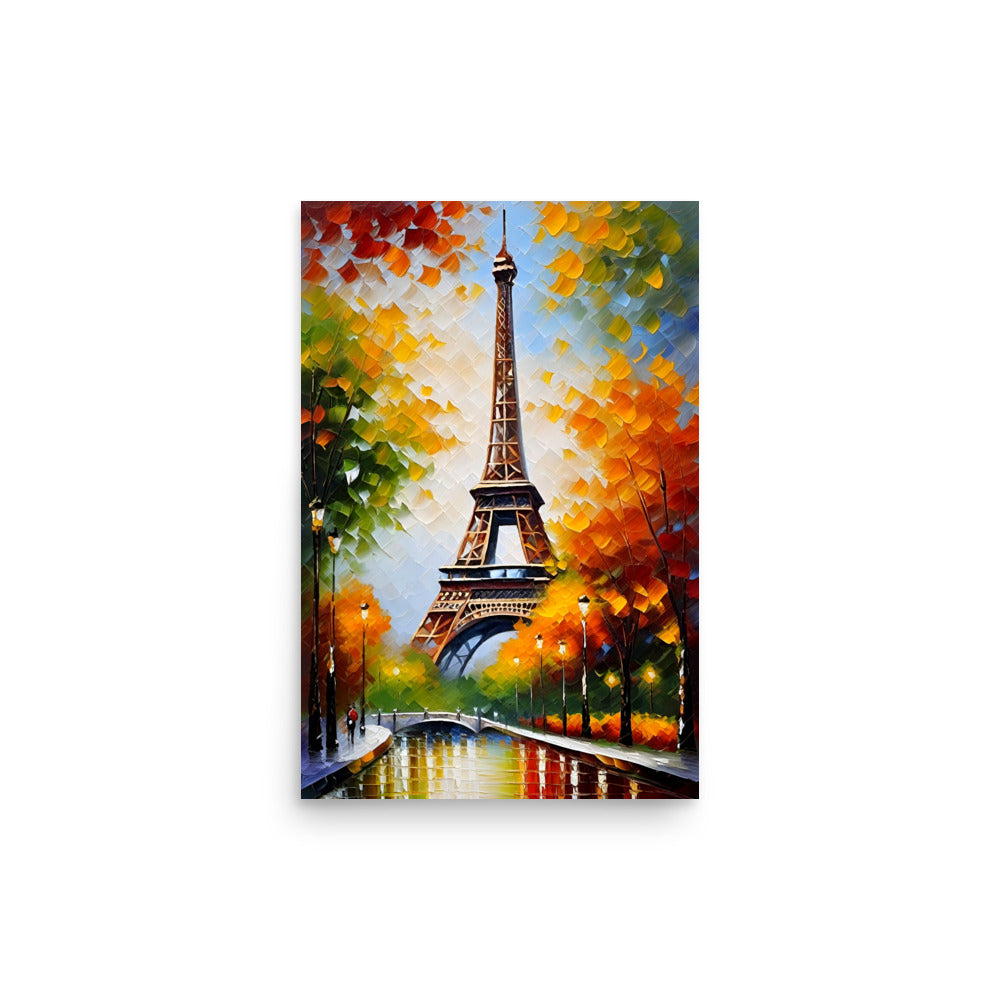 The Eiffel Tower painted near trees with colorful autumn leaves.