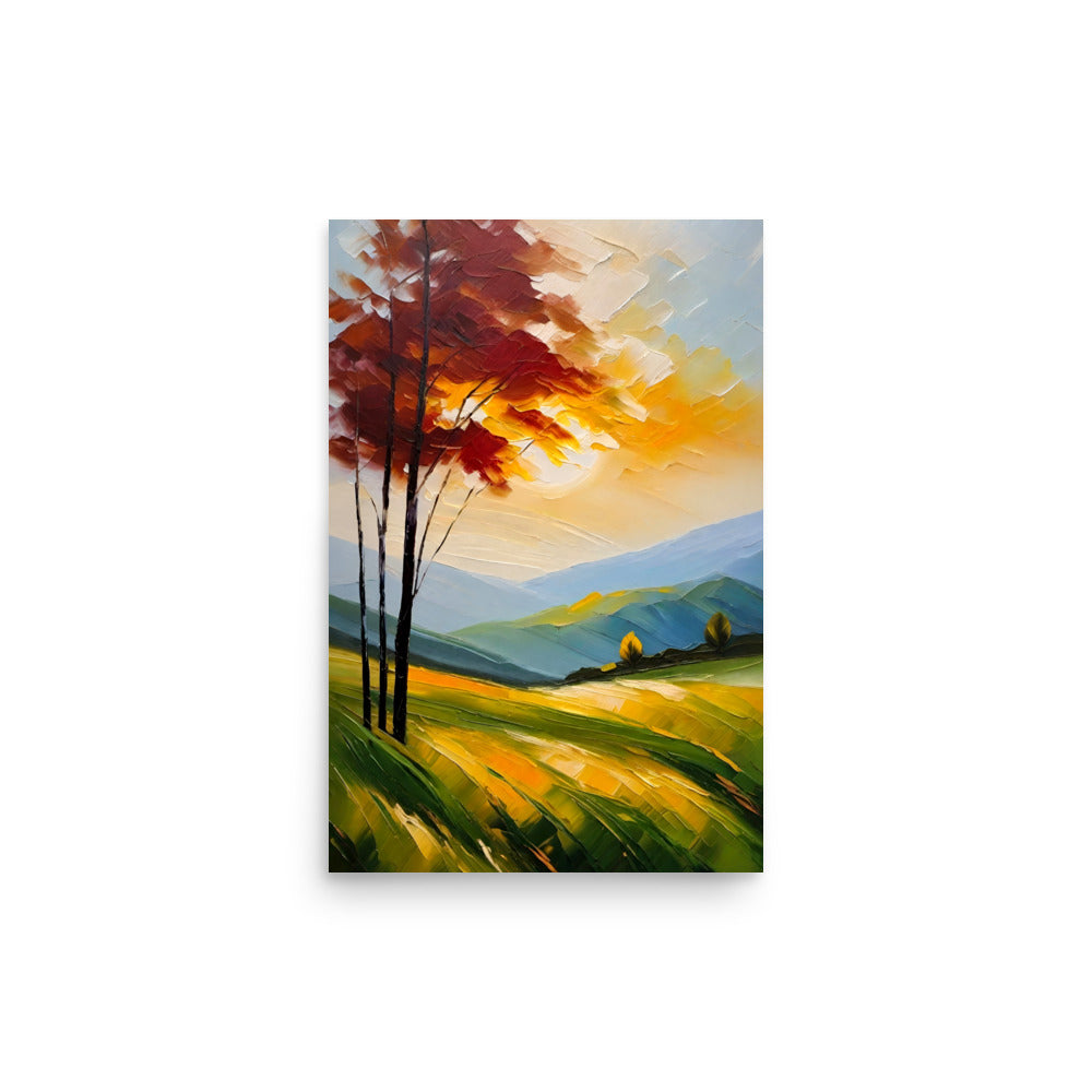 A peaceful landscape painting of colorful slender trees in a calm sunset.