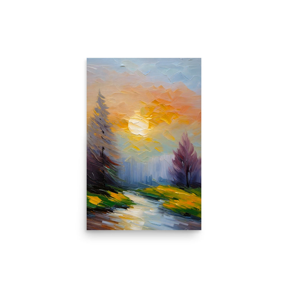 A peaceful sunset painting with fields of yellow and green, soft pinks and orange.