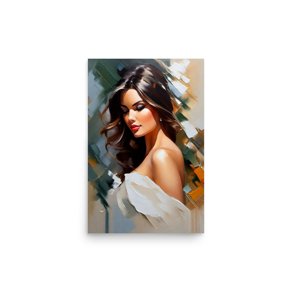 A portrait of a pretty woman with flowing hair and striking features.