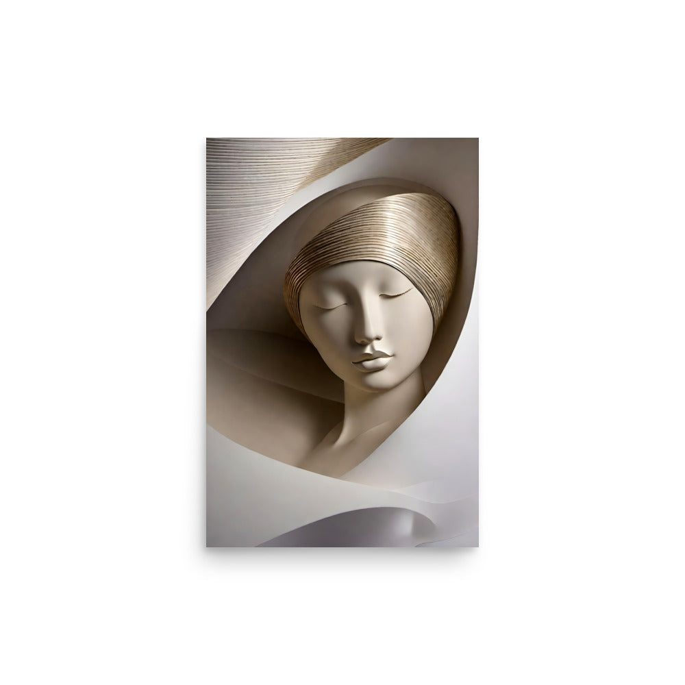 A sculptured woman's face with flowing lines and smooth surfaces.