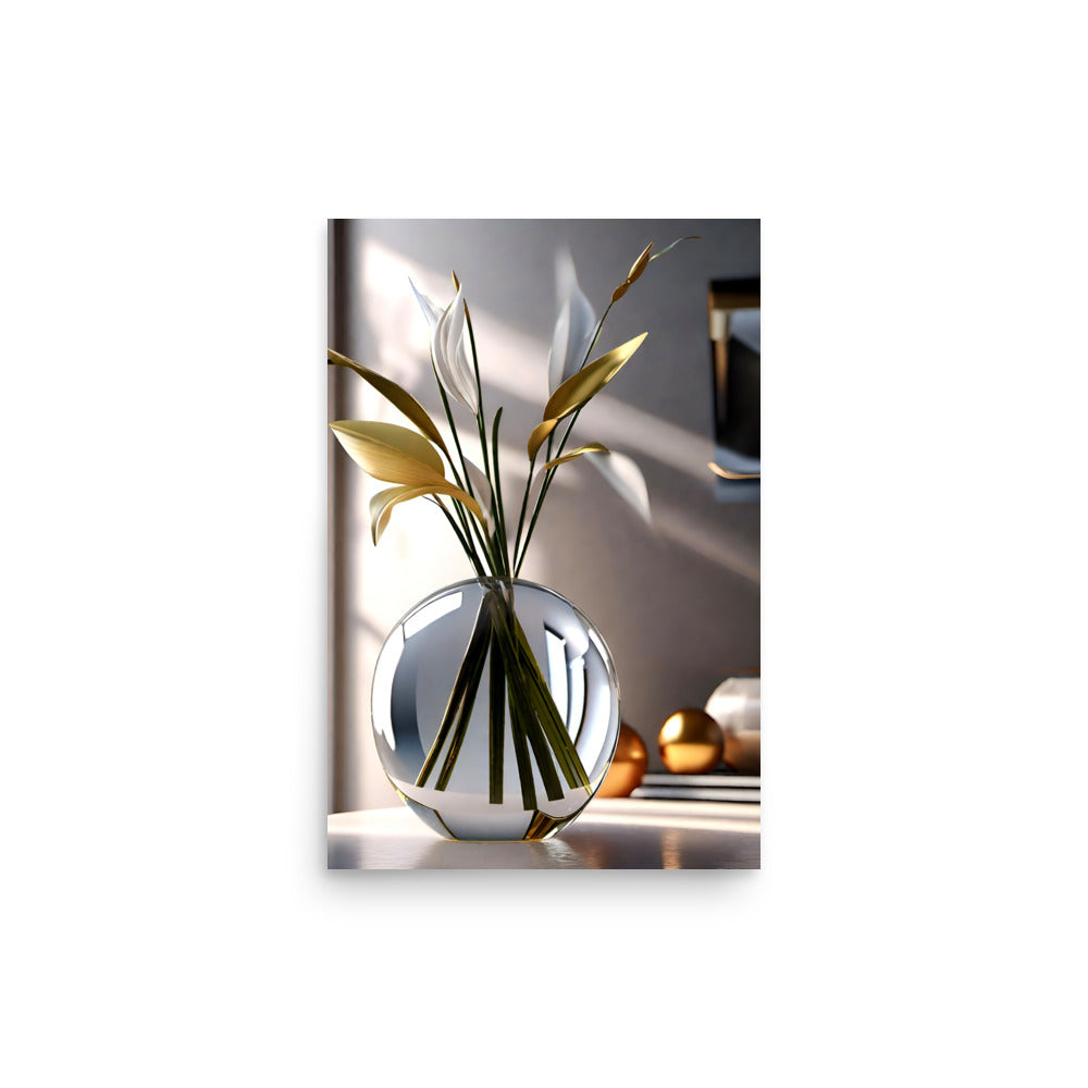 A shimmering glass vase full of flowers with elegant golden leaves.