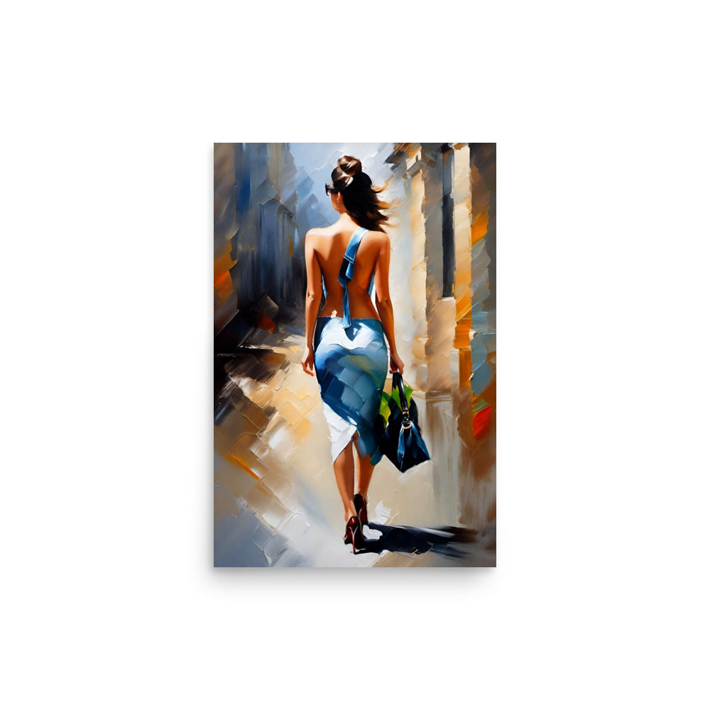 A sunlit woman with a blue dress walks away, her figure casting a shadow.