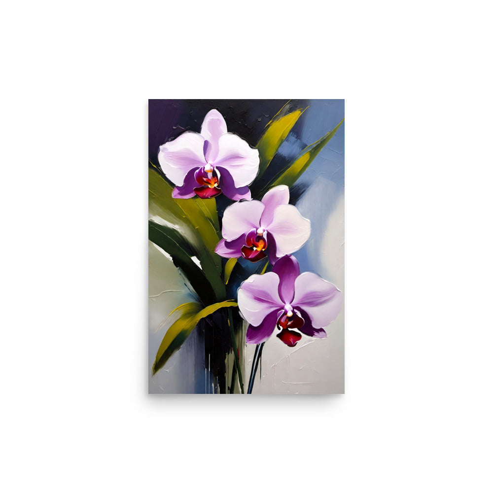A vibrant orchid painting with bold abstract purple and green brush strokes.