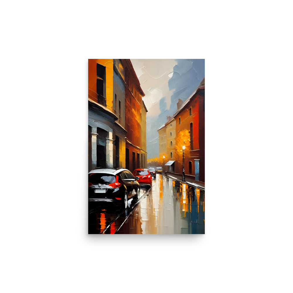 A vivid city street painting with saturated colors and reflective wet surface.