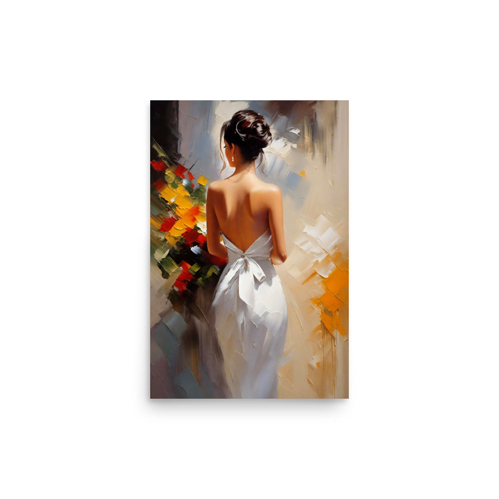 A woman walks away, in her enticing white dress with a bow, holding flowers.