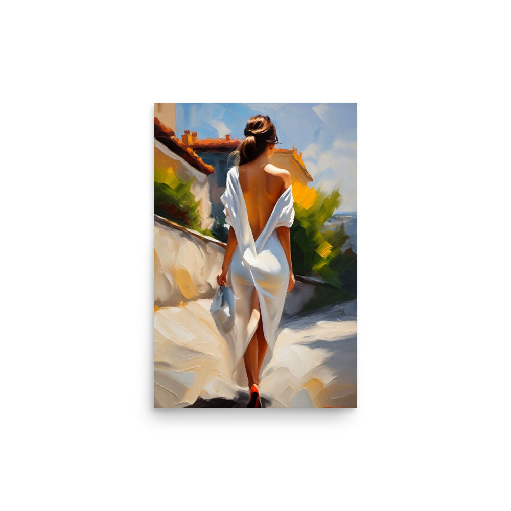 A backless white dress, on a woman walking away in the sunlight.