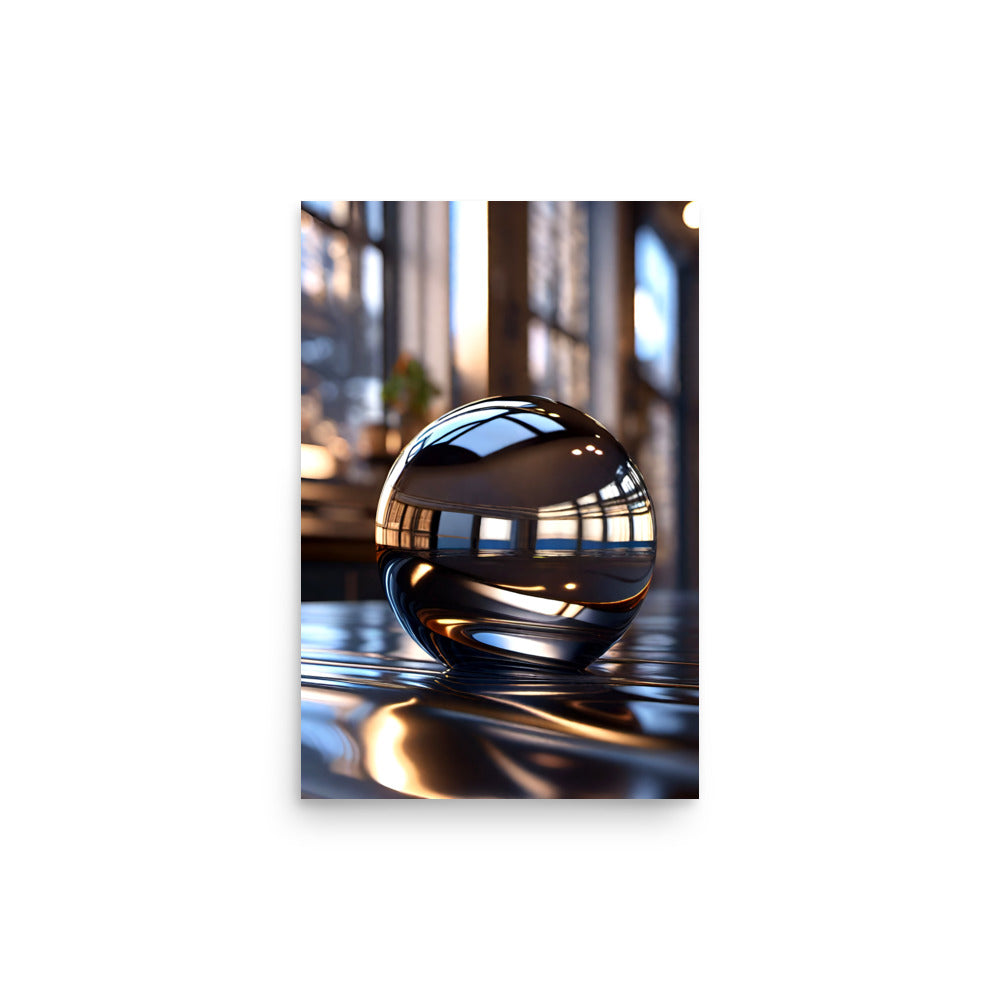 Polished sphere rests on reflective surface. It mirrors interior architectural details like arched windows, intricate woodwork. Interplay of light and shadow creates depth, dimensionality. This captivating object offers unique visual perspective.