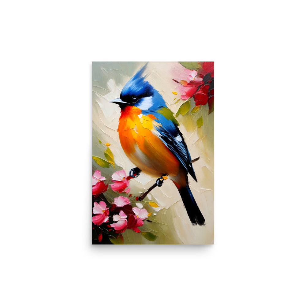 A brightly colored bird on a branch with pink blooms, with a three-dimensional feel.
