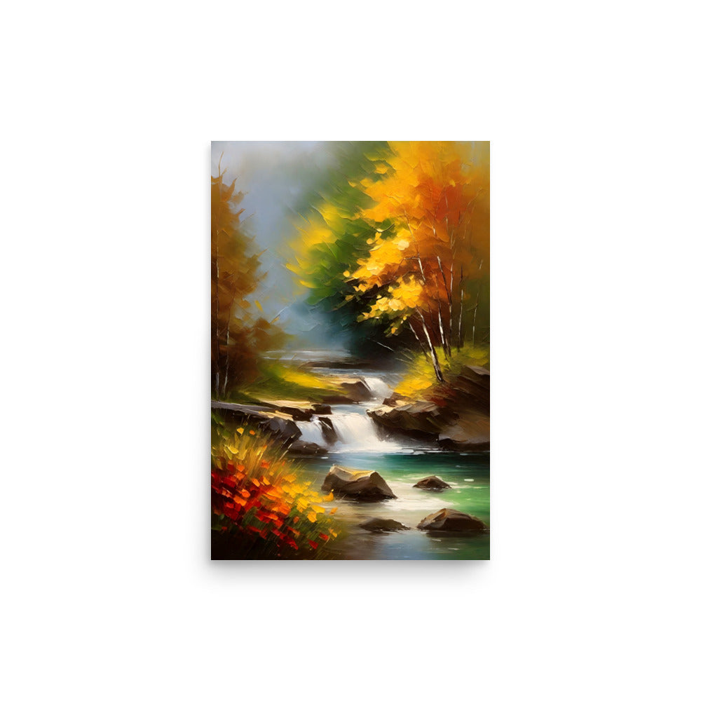A colorful autumn river painting of a cascading stream with incredible colors.