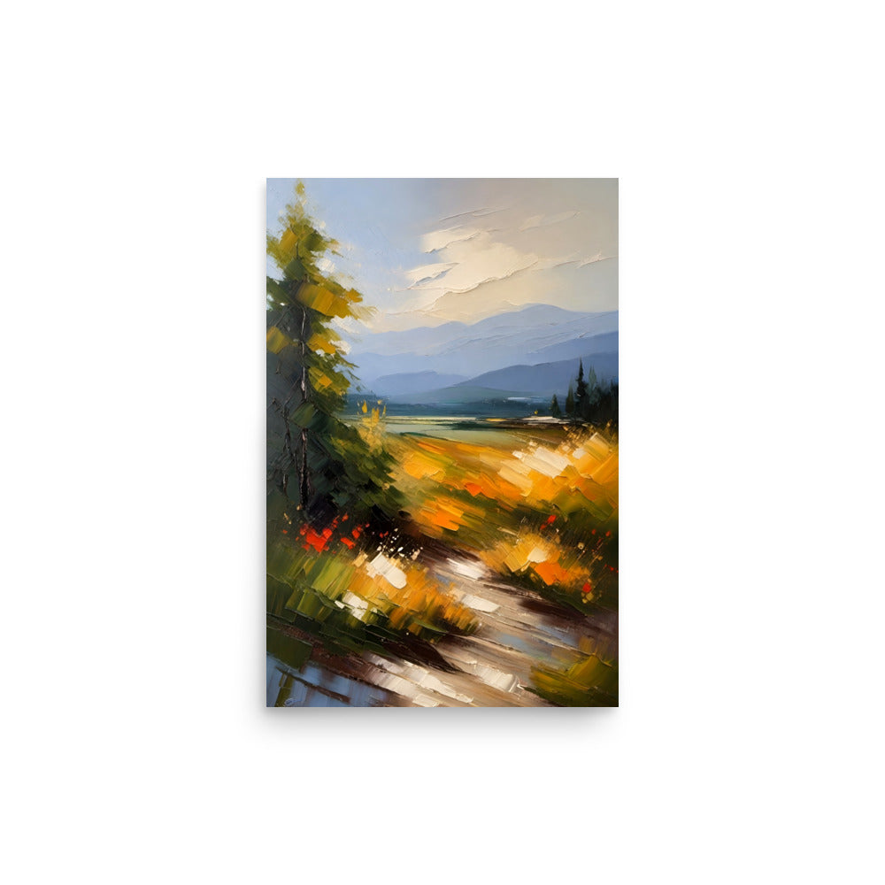 A painting with a bright sun shining through the clouds, and a pine tree.