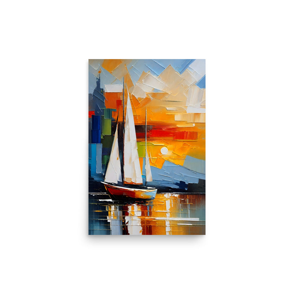 A sailboat on calm waters at sunset, painted with a thick paletteknife style.