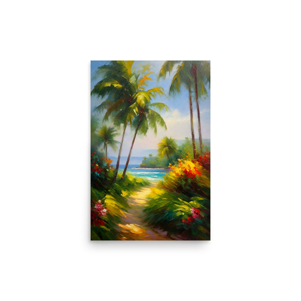 A sandy trail winding through a tropical landscape by a serene turquoise ocean.