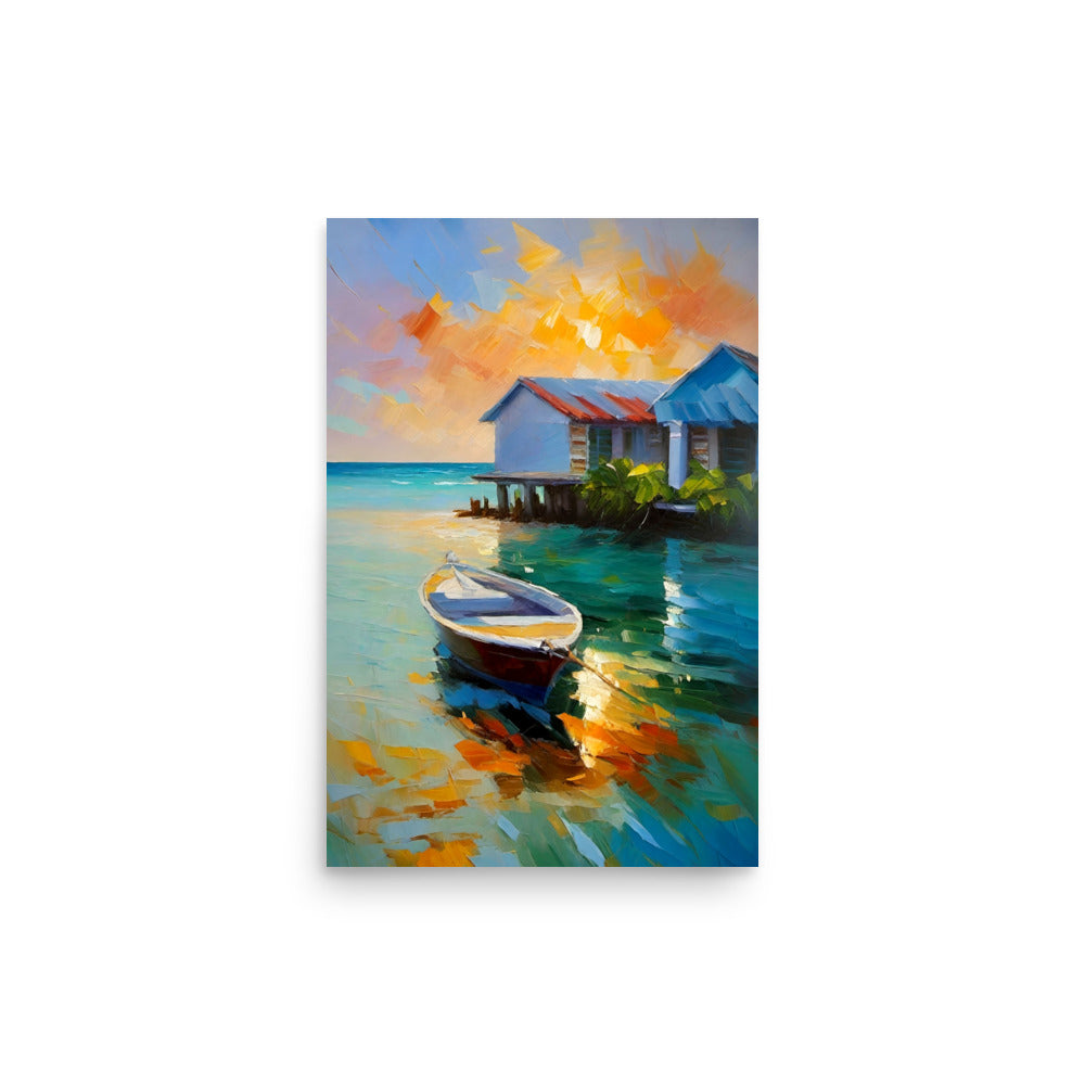 An ocean sunset painting with a boat reflecting on the calm sea.
