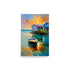 An ocean sunset painting with a boat reflecting on the calm sea.
