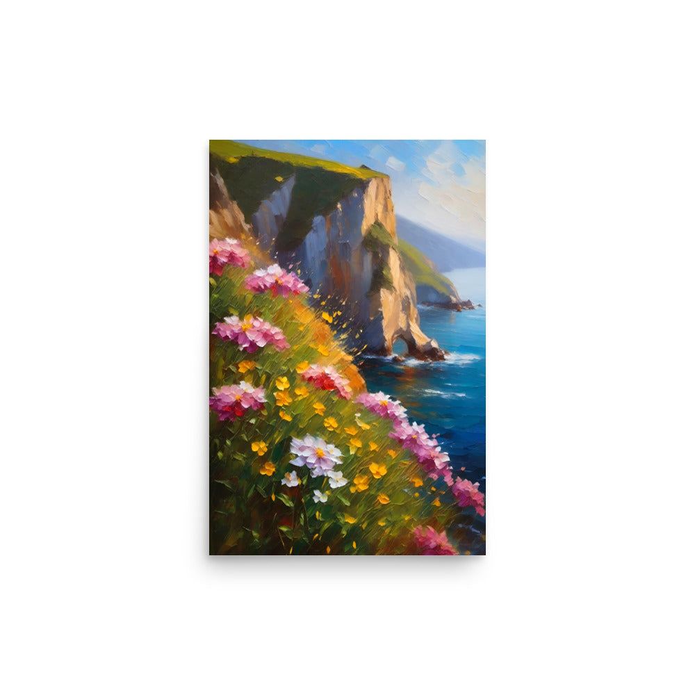 A seascape painting with tall coastal cliffs and flowers on the hillside.