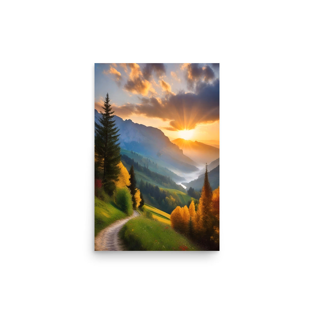 An amazing sunset painting with sunbeams shining across a mountainous landscape.