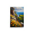 An oceanside painting, with rugged cliffs and sunlit yellow and orange flowers.