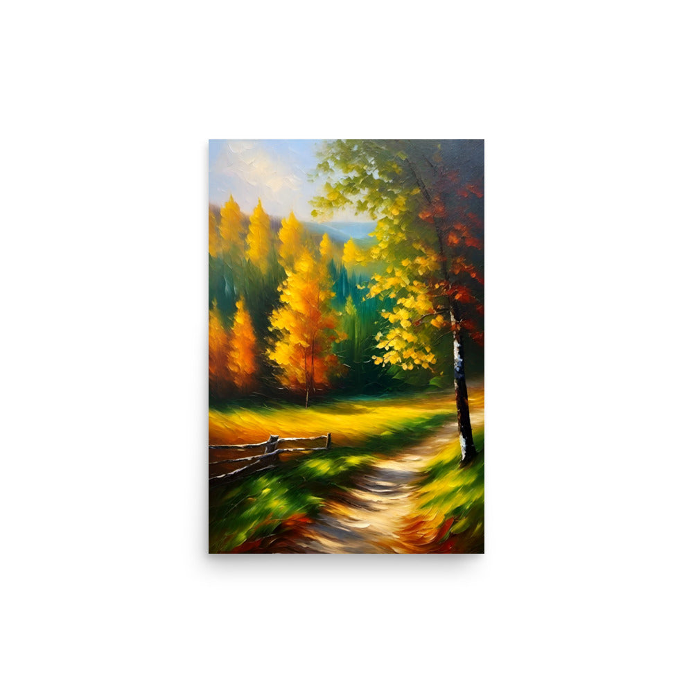 A winding forest path meanders through. Fallen leaves scatter along the route. Towering trees display warm hues beautifully. Vibrant colors adorn the scenery scenery. Trees glow against blue sky backdrop. Bold brushstrokes depict tranquil movement and energy.