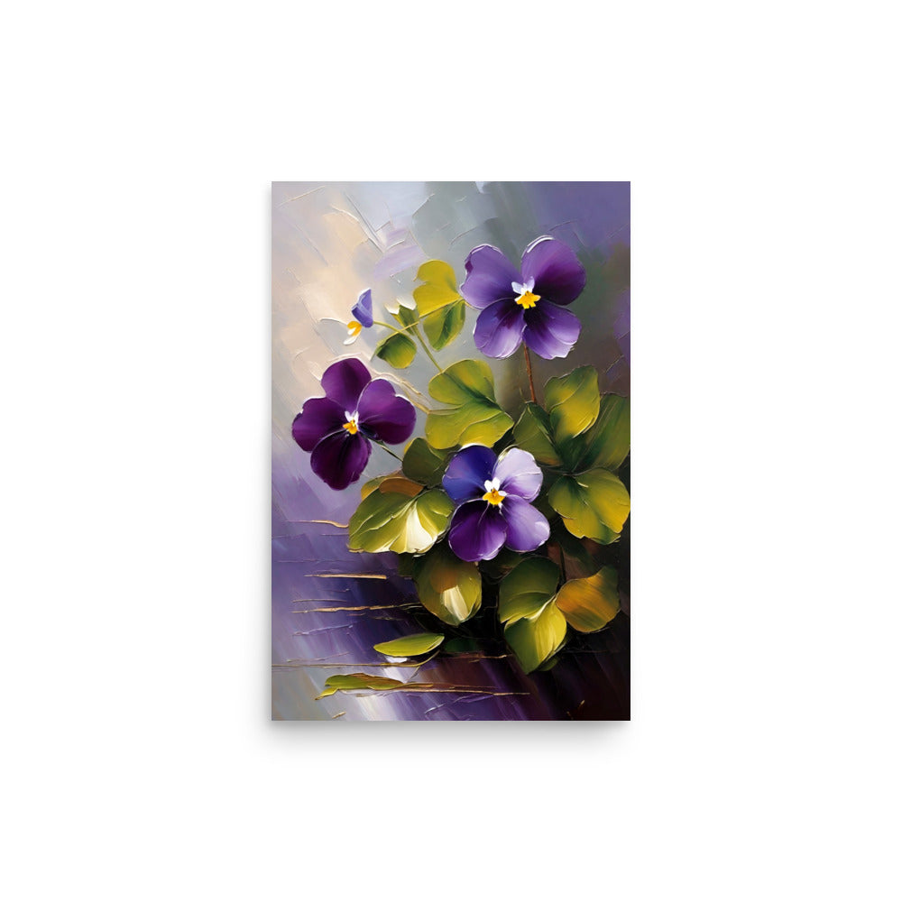 Oil painting with purple and yellow pansies, with a thick brushstroke technique.