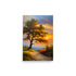 Painting with a landscape sunset behind a beautiful oak tree and a pathway.