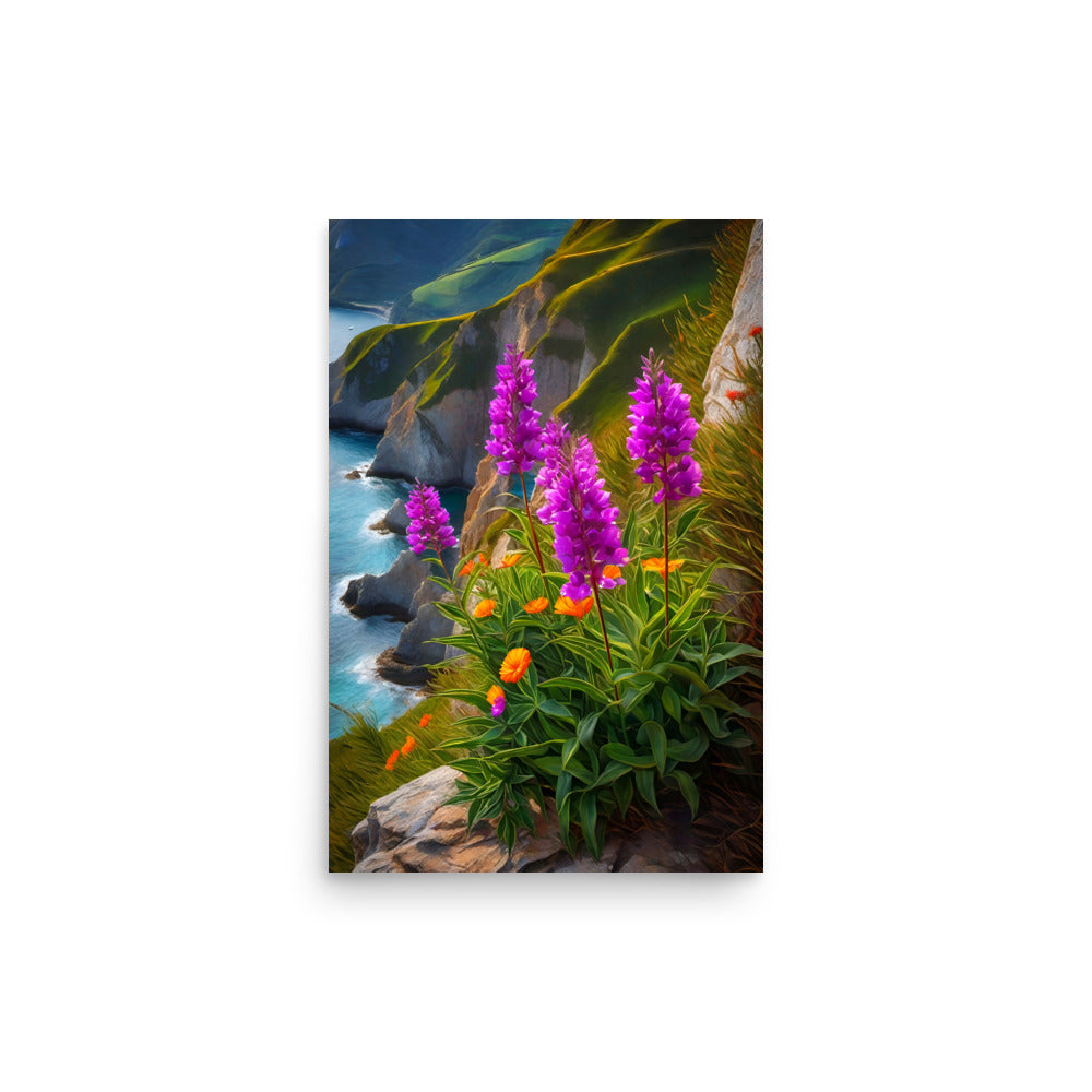 Purple snapdragons on a coastal cliff with contrasting orange flowers, and a serene ocean.