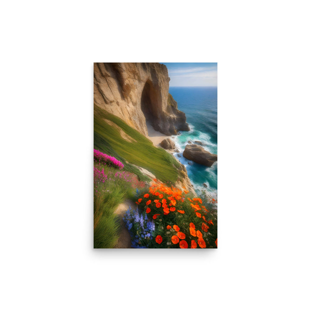 A picturesque painting with ocean cliffs and colorful wildflowers growing in blue and orange.