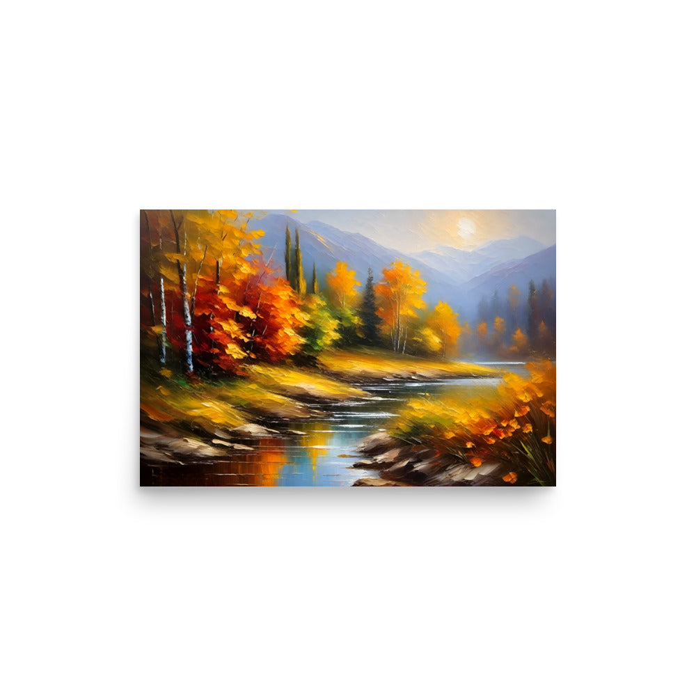 A calm river reflecting a colorful autumn landscape, with sunlit golden trees.