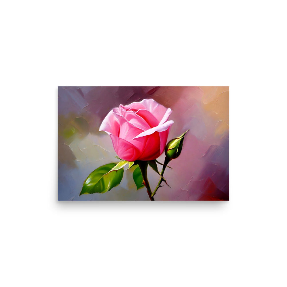 A pink rose with a 3D effect, and textured painting style and abstract background.