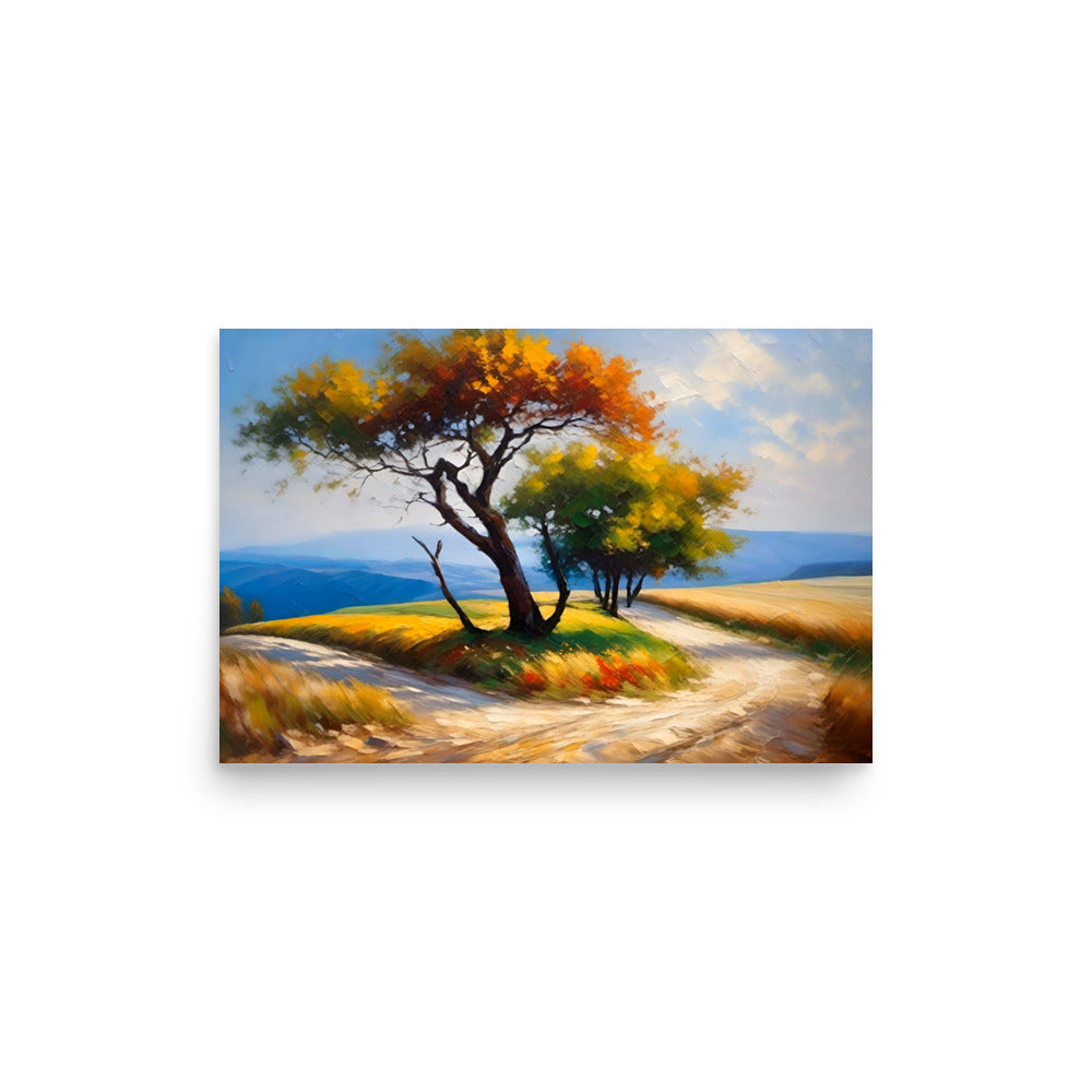 A unique landscape painting bursting with character, a lone tree and sunlit dirt road.