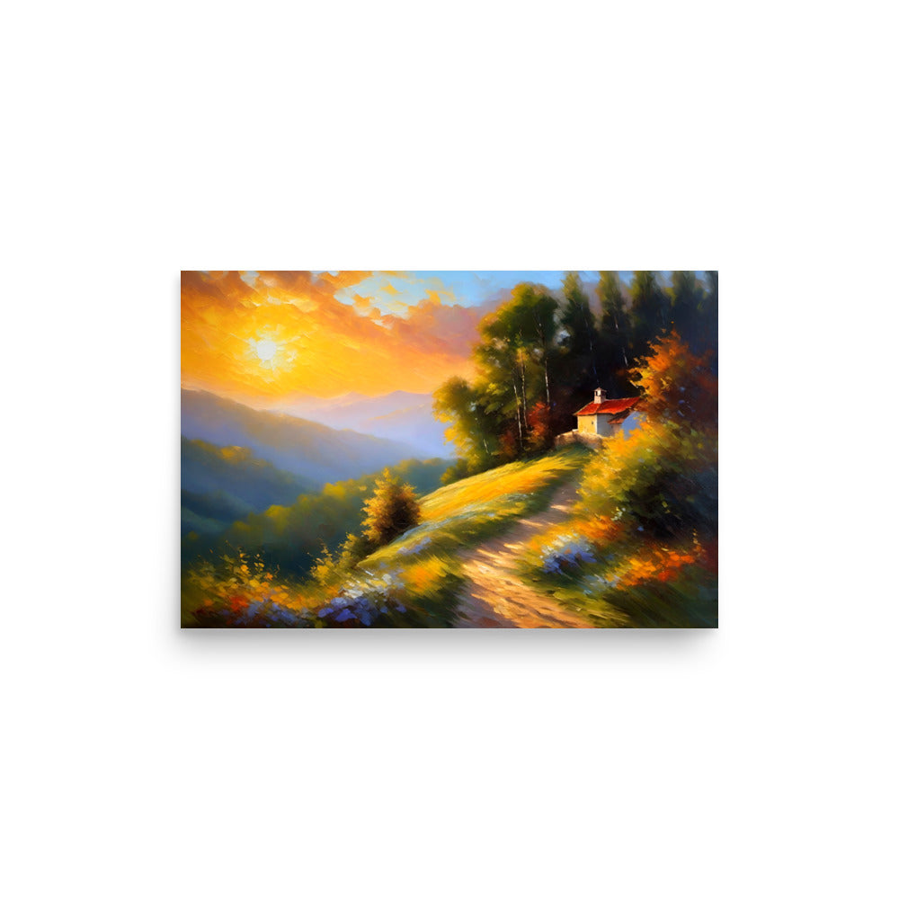 An incredible sunset painting with flowers in a sunlit field and a footpath.