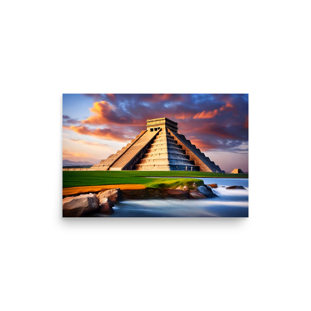 Art prints of a stepped pyramid with a green field and purple clouds.
