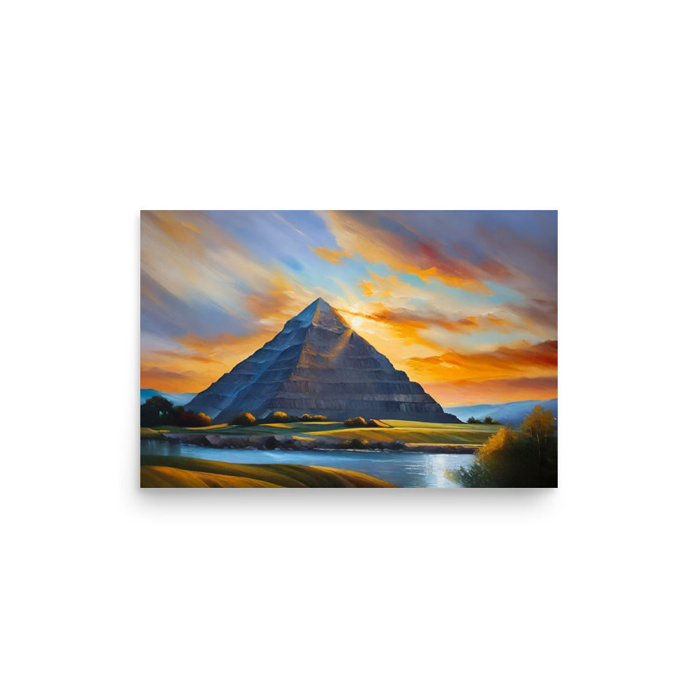 A painting of a pyramid, with a sunburst of color lighting the clouds.