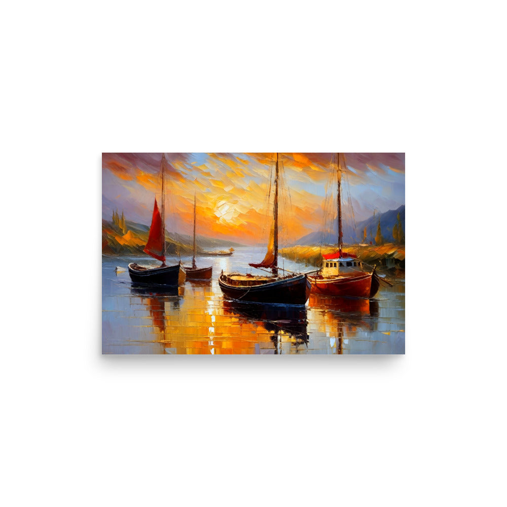 Sail boats with red and white sails on the water at sunset, with amazing brush strokes.