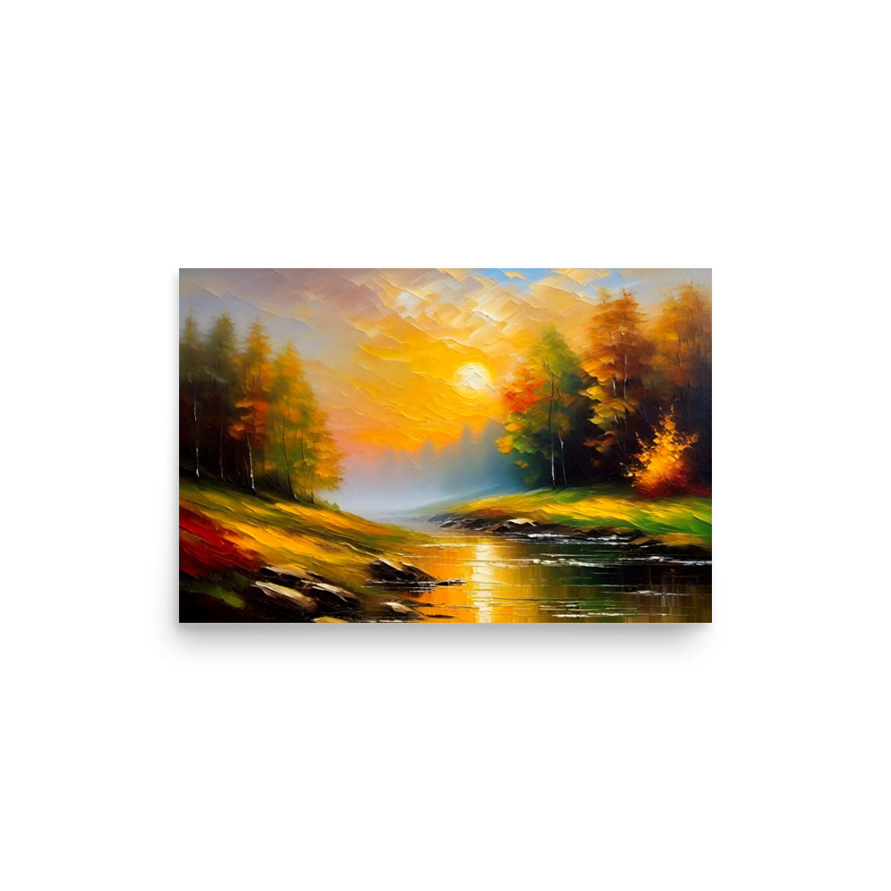 A river glows with the reflection of colorful sunset clouds, a peaceful landscape painting.