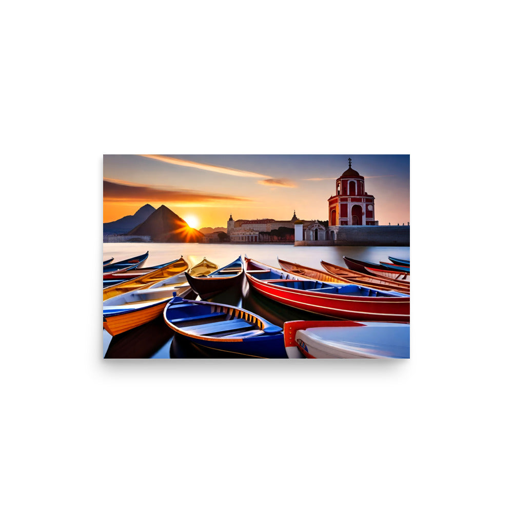 Rowboats on the water at sunset, with an architectural structure and a glowing sky.