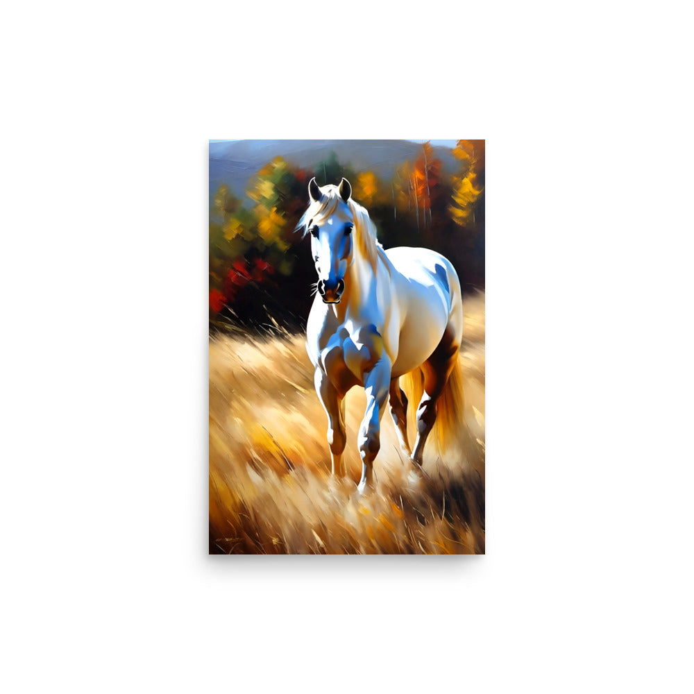 Horse gallops with energy, mane flowing. Muscular form surrounded by autumnal foliage. Distant trees rendered softly and dreamily. Sharp details contrast abstract surroundings dramatically.