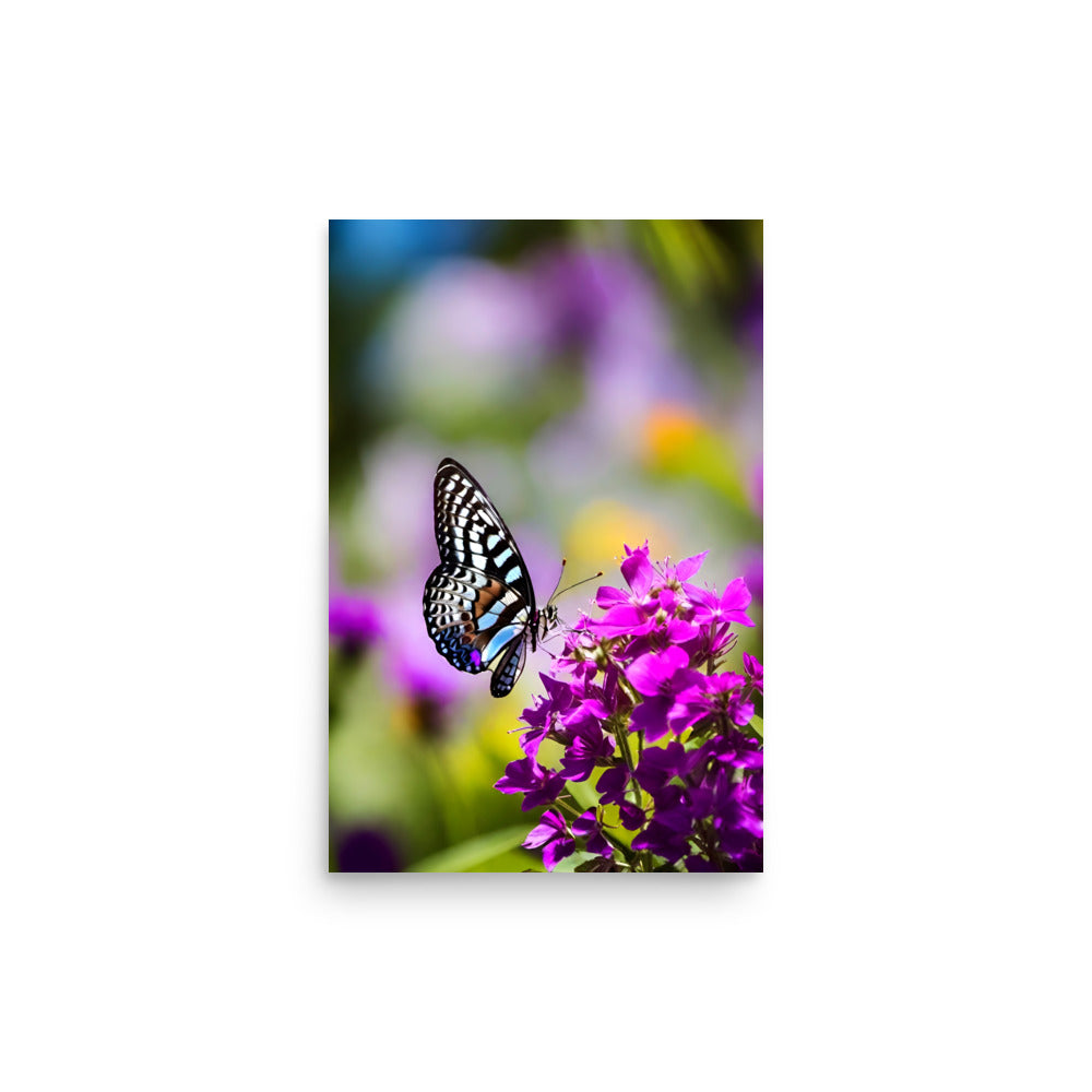 A stunning butterfly rests on vibrant petals. Its intricate wings contrast beautifully against blooms. Lush foliage surrounds this tranquil natural display.