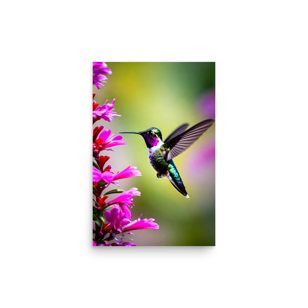 A hummingbird hovers in flight with its wings flapping as it's flying up.
