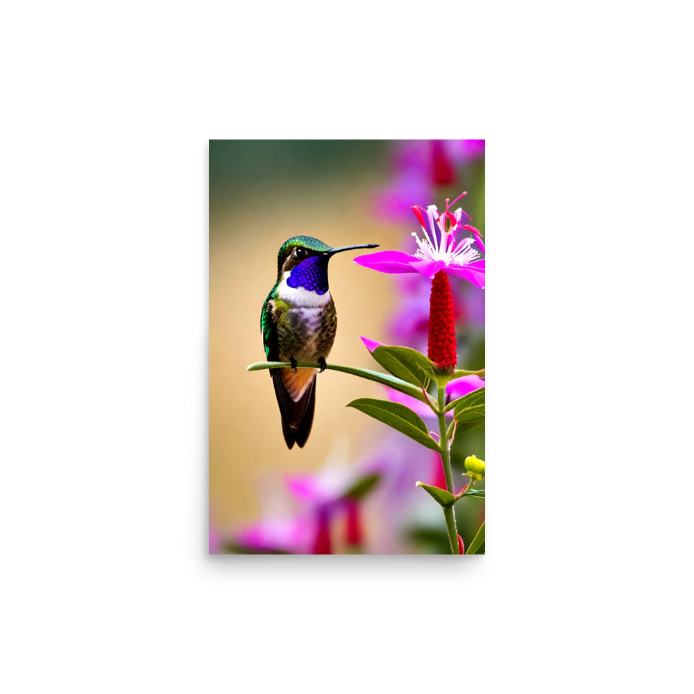 A tiny hummingbird is on a branch with pink blooms of crimson flowers.