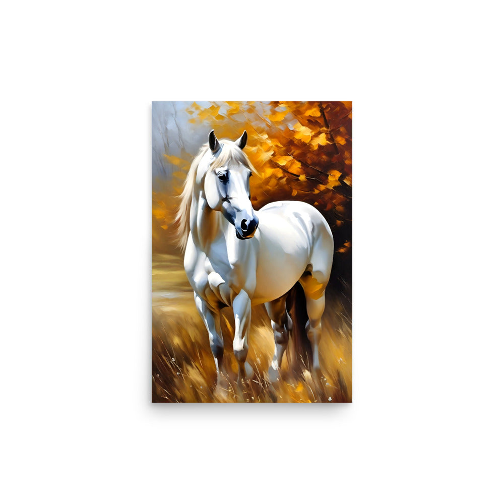 A white horse in a striking pose bathed in sunlight with autumn trees