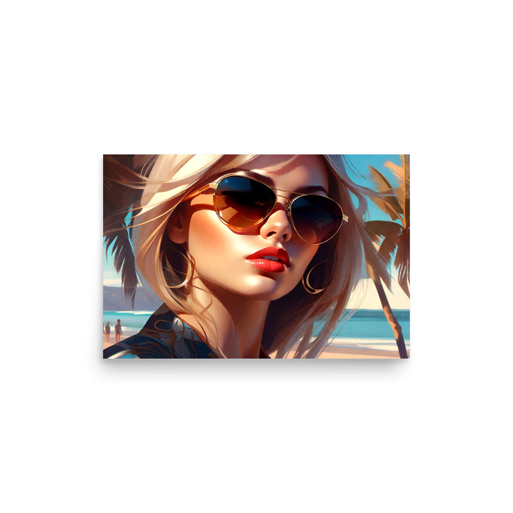 Woman lounges sun-kissed on tropical beach. Red lips, oversized sunglasses exude chic confidence. Blonde hair, swaying palms convey relaxed glamour. Turquoise ocean, distant figures invite imagination.