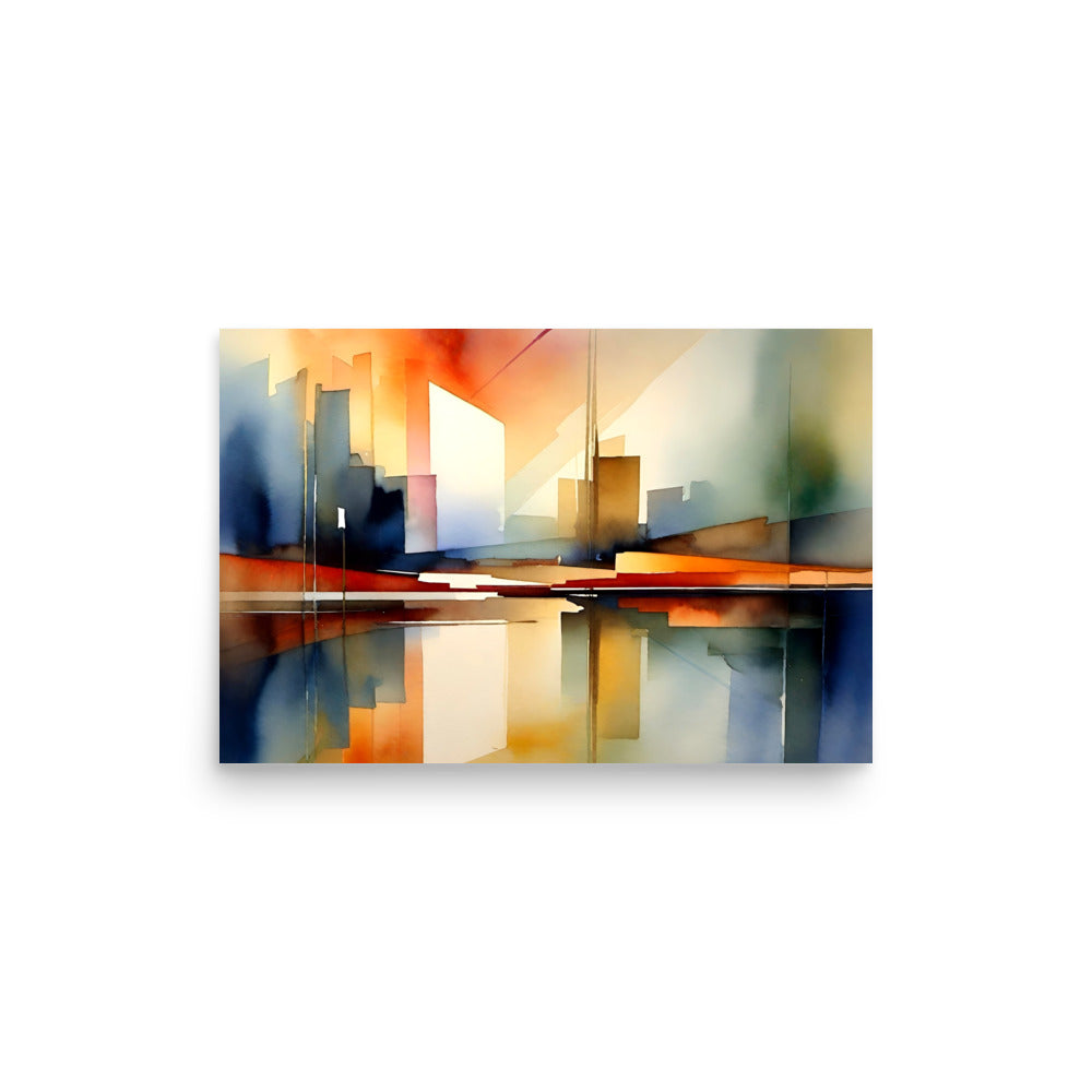 Contemporary abstract art conveys cityscape geometry. Warm and cool tones blend seamlessly together. Geometric shapes reflect upon rippling waters.